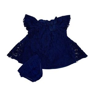 Baby Girl Navy Blue Floral Lace Aline Dress & Bloomer Outfit 2 Piece Set Size 3M